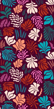 Modern abstract background with leaves and flowers in Matisse style. Vector seamless pattern with Scandinavian cut out elements. Hand drawn contemporary art collage.