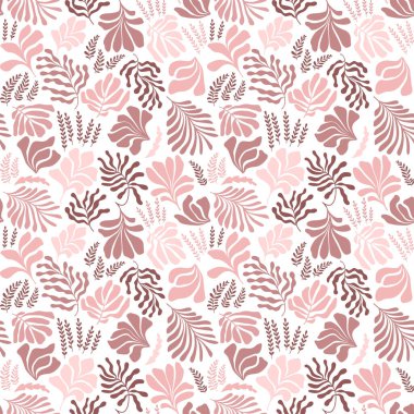 Modern abstract background with leaves and flowers in Matisse style. Vector seamless pattern with Scandinavian cut out elements. Hand drawn contemporary art collage.