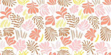 Modern abstract background with leaves and flowers in Matisse style. Vector seamless pattern with Scandinavian cut out elements. Hand drawn contemporary art collage.
