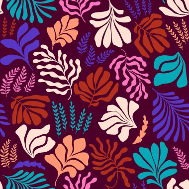 Modern abstract background with leaves and flowers in Matisse style. Vector seamless pattern with Scandinavian cut out elements. Hand drawn contemporary art collage.