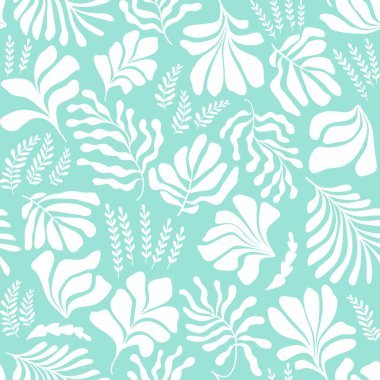 Modern abstract background with leaves and flowers in Matisse style. Vector seamless pattern with Scandinavian cut out elements. Hand drawn contemporary art collage.