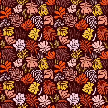 Modern abstract background with leaves and flowers in Matisse style. Vector seamless pattern with Scandinavian cut out elements. Hand drawn contemporary art collage.