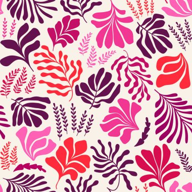 Modern abstract background with leaves and flowers in Matisse style. Vector seamless pattern with Scandinavian cut out elements. Hand drawn contemporary art collage.