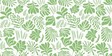 Modern abstract background with leaves and flowers in Matisse style. Vector seamless pattern with Scandinavian cut out elements. Hand drawn contemporary art collage.
