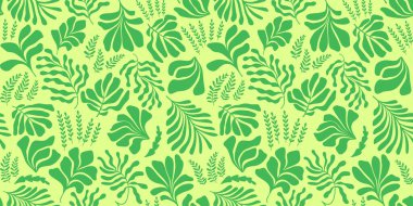 Modern abstract background with leaves and flowers in Matisse style. Vector seamless pattern with Scandinavian cut out elements. Hand drawn contemporary art collage.