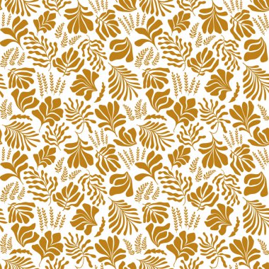 Modern abstract background with leaves and flowers in Matisse style. Vector seamless pattern with Scandinavian cut out elements. Hand drawn contemporary art collage.