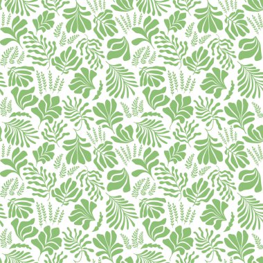 Modern abstract background with leaves and flowers in Matisse style. Vector seamless pattern with Scandinavian cut out elements. Hand drawn contemporary art collage.