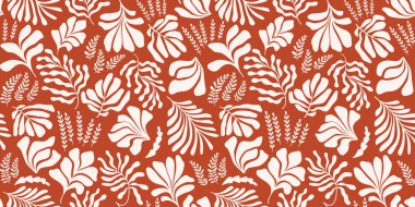 Modern abstract background with leaves and flowers in Matisse style. Vector seamless pattern with Scandinavian cut out elements. Hand drawn contemporary art collage.