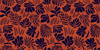 Modern abstract background with leaves and flowers in Matisse style. Vector seamless pattern with Scandinavian cut out elements. Hand drawn contemporary art collage.