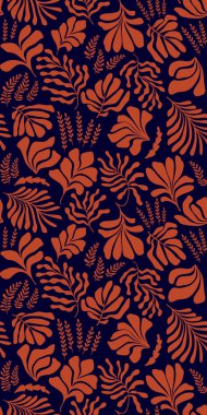 Modern abstract background with leaves and flowers in Matisse style. Vector seamless pattern with Scandinavian cut out elements. Hand drawn contemporary art collage.