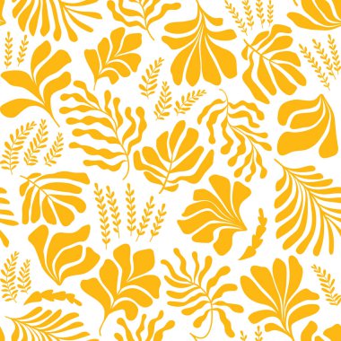 Modern abstract background with leaves and flowers in Matisse style. Vector seamless pattern with Scandinavian cut out elements. Hand drawn contemporary art collage.