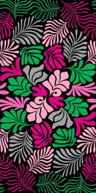 Modern soyut arka plan ve tropik palmiye yaprakları Matisse tarzında. İskandinavya 'nın kestiği elementlerle kusursuz bir şablon. El çizimi çağdaş sanat kolajı.