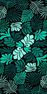 Modern soyut arka plan ve tropik palmiye yaprakları Matisse tarzında. İskandinavya 'nın kestiği elementlerle kusursuz bir şablon. El çizimi çağdaş sanat kolajı.