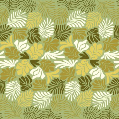 Modern soyut arka plan ve tropik palmiye yaprakları Matisse tarzında. İskandinavya 'nın kestiği elementlerle kusursuz bir şablon. El çizimi çağdaş sanat kolajı.