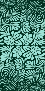 Modern soyut arka plan ve tropik palmiye yaprakları Matisse tarzında. İskandinavya 'nın kestiği elementlerle kusursuz bir şablon. El çizimi çağdaş sanat kolajı.