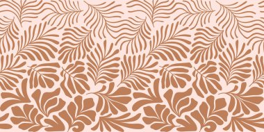 Modern soyut arka plan ve tropik palmiye yaprakları Matisse tarzında. İskandinavya 'nın kestiği elementlerle kusursuz bir şablon. El çizimi çağdaş sanat kolajı.