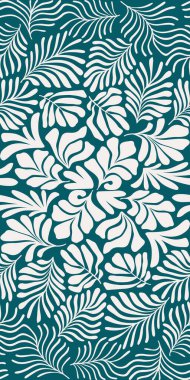 Modern soyut arka plan ve tropik palmiye yaprakları Matisse tarzında. İskandinavya 'nın kestiği elementlerle kusursuz bir şablon. El çizimi çağdaş sanat kolajı.