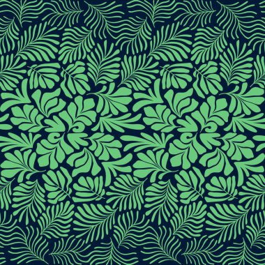 Modern soyut arka plan ve tropik palmiye yaprakları Matisse tarzında. İskandinavya 'nın kestiği elementlerle kusursuz bir şablon. El çizimi çağdaş sanat kolajı.