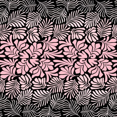 Modern soyut arka plan ve tropik palmiye yaprakları Matisse tarzında. İskandinavya 'nın kestiği elementlerle kusursuz bir şablon. El çizimi çağdaş sanat kolajı.