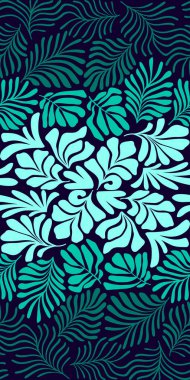 Modern soyut arka plan ve tropik palmiye yaprakları Matisse tarzında. İskandinavya 'nın kestiği elementlerle kusursuz bir şablon. El çizimi çağdaş sanat kolajı.