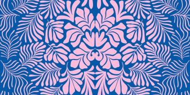 Modern soyut arka plan ve tropik palmiye yaprakları Matisse tarzında. İskandinavya 'nın kestiği elementlerle kusursuz bir şablon. El çizimi çağdaş sanat kolajı.