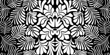 Modern soyut arka plan ve tropik palmiye yaprakları Matisse tarzında. İskandinavya 'nın kestiği elementlerle kusursuz bir şablon. El çizimi çağdaş sanat kolajı.