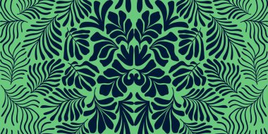 Modern soyut arka plan ve tropik palmiye yaprakları Matisse tarzında. İskandinavya 'nın kestiği elementlerle kusursuz bir şablon. El çizimi çağdaş sanat kolajı.