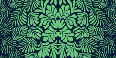 Modern soyut arka plan ve tropik palmiye yaprakları Matisse tarzında. İskandinavya 'nın kestiği elementlerle kusursuz bir şablon. El çizimi çağdaş sanat kolajı.