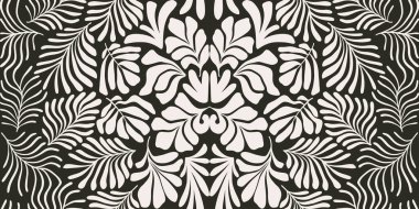 Modern soyut arka plan ve tropik palmiye yaprakları Matisse tarzında. İskandinavya 'nın kestiği elementlerle kusursuz bir şablon. El çizimi çağdaş sanat kolajı.