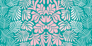 Modern soyut arka plan ve tropik palmiye yaprakları Matisse tarzında. İskandinavya 'nın kestiği elementlerle kusursuz bir şablon. El çizimi çağdaş sanat kolajı.