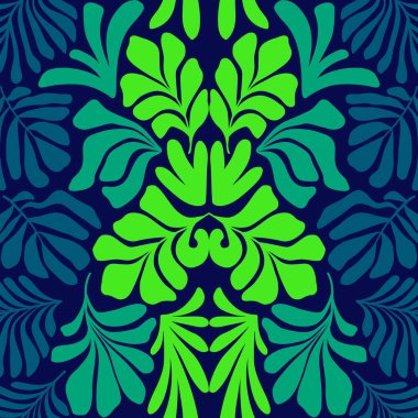 Modern soyut arka plan ve tropik palmiye yaprakları Matisse tarzında. İskandinavya 'nın kestiği elementlerle kusursuz bir şablon. El çizimi çağdaş sanat kolajı.