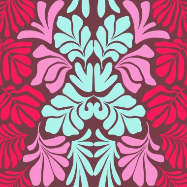 Modern soyut arka plan ve tropik palmiye yaprakları Matisse tarzında. İskandinavya 'nın kestiği elementlerle kusursuz bir şablon. El çizimi çağdaş sanat kolajı.