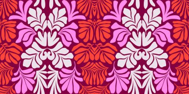 Modern soyut arka plan ve tropik palmiye yaprakları Matisse tarzında. İskandinavya 'nın kestiği elementlerle kusursuz bir şablon. El çizimi çağdaş sanat kolajı.