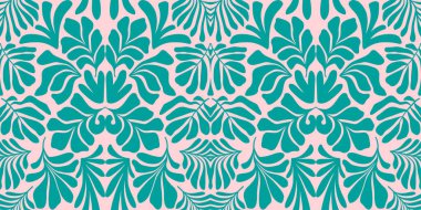 Modern soyut arka plan ve tropik palmiye yaprakları Matisse tarzında. İskandinavya 'nın kestiği elementlerle kusursuz bir şablon. El çizimi çağdaş sanat kolajı.