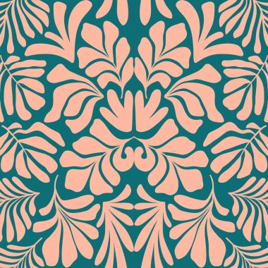 Modern soyut arka plan ve tropik palmiye yaprakları Matisse tarzında. İskandinavya 'nın kestiği elementlerle kusursuz bir şablon. El çizimi çağdaş sanat kolajı.