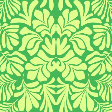 Modern soyut arka plan ve tropik palmiye yaprakları Matisse tarzında. İskandinavya 'nın kestiği elementlerle kusursuz bir şablon. El çizimi çağdaş sanat kolajı.