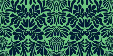 Modern soyut arka plan ve tropik palmiye yaprakları Matisse tarzında. İskandinavya 'nın kestiği elementlerle kusursuz bir şablon. El çizimi çağdaş sanat kolajı.