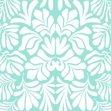 Modern soyut arka plan ve tropik palmiye yaprakları Matisse tarzında. İskandinavya 'nın kestiği elementlerle kusursuz bir şablon. El çizimi çağdaş sanat kolajı.