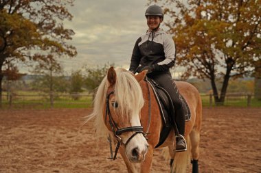 light brown Haflinger with beige mane and rider training on a riding ground in Bavaria