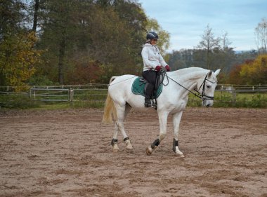 white horse and rider training on a riding ground in Bavaria