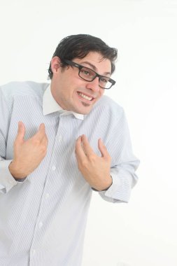 shy and insecure male nerd wearing glasses on white background clipart
