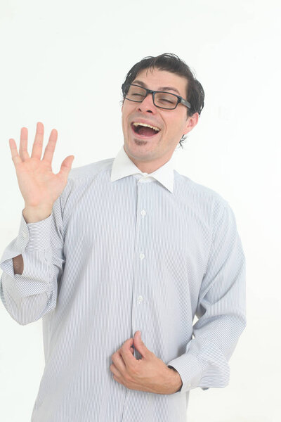 Shy nerdy insecure man wearing glasses on white background