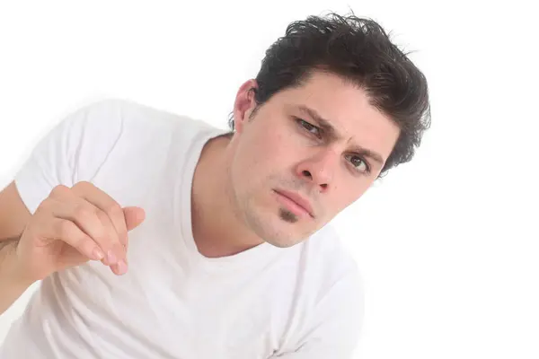 stock image confused and shocked young man on white background