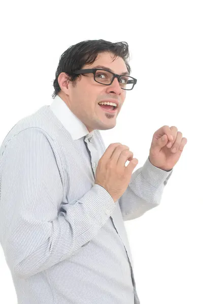stock image shy and insecure male nerd wearing glasses on white background
