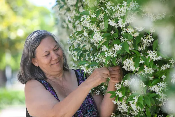 Güneşli bir yaz günü bahçesinde çiçek yetiştiren yaşlı Güney Amerika yerlilerinin portresi.