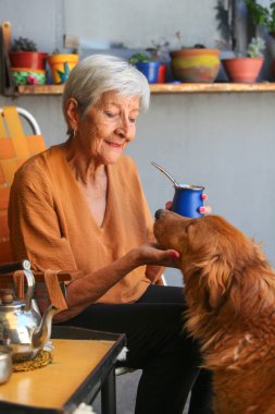 Neşeli yaşlı Latin kadın içki içiyor ve köpeğiyle avlusunda kaynaşıyor.