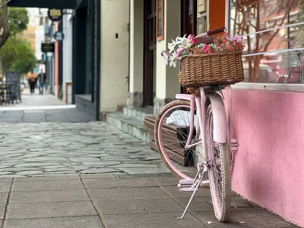 Pembeye boyanmış ve açık hava dekorasyonu olarak yeniden tasarlanmış eski bir bisiklet renkli çiçeklerle dolu sepetlerle dolu bir evin girişinde duruyor. Geri dönüşüm ve yaratıcılık.