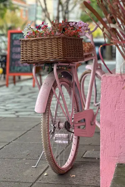 Pembeye boyanmış ve açık hava dekorasyonu olarak yeniden tasarlanmış eski bir bisiklet renkli çiçeklerle dolu sepetlerle dolu bir evin girişinde duruyor. Geri dönüşüm ve yaratıcılık.