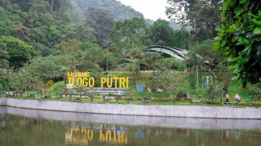 Yogyakarta, Endonezya - 5 Eylül 2022: Tlogo Putri turizm alanı yeşil ağaçlarla çevrili ve Merapi Dağı yamaçlarında yer alan küçük bir göldür.