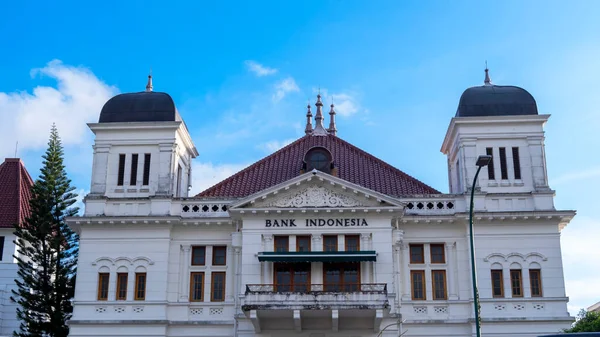 Yogyakarta, Indonesia - January 14, 2023: The exterior of Bank Indonesia landscape photo, a heritage building on Yogyakarta's Kilometer 0 near Malioboro street.